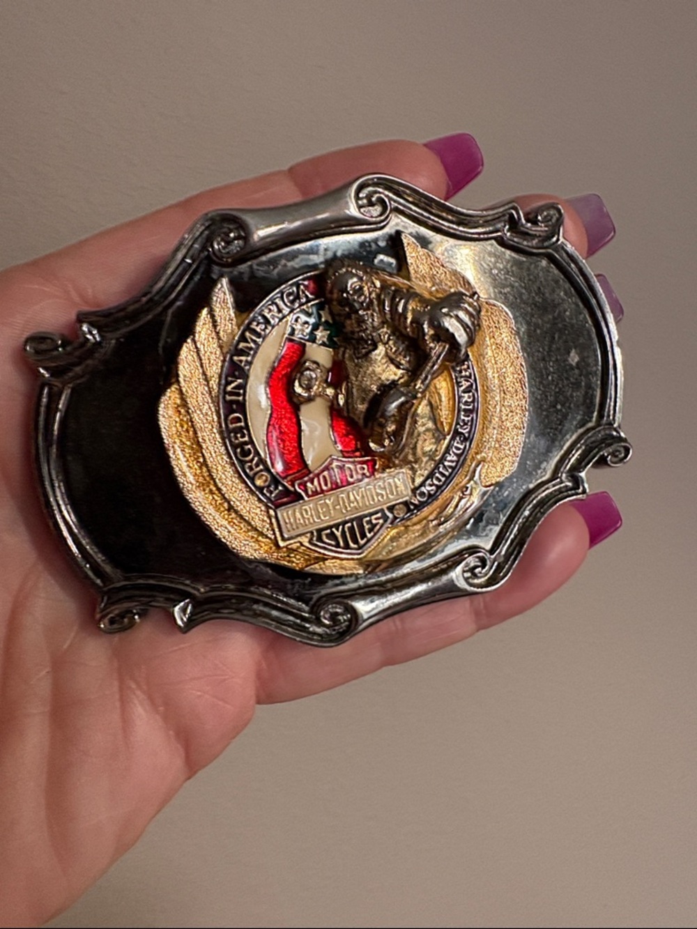 Vintage Harley-Davidson Silver and Goldtone Belt Buckle with Gold & Red Enamel